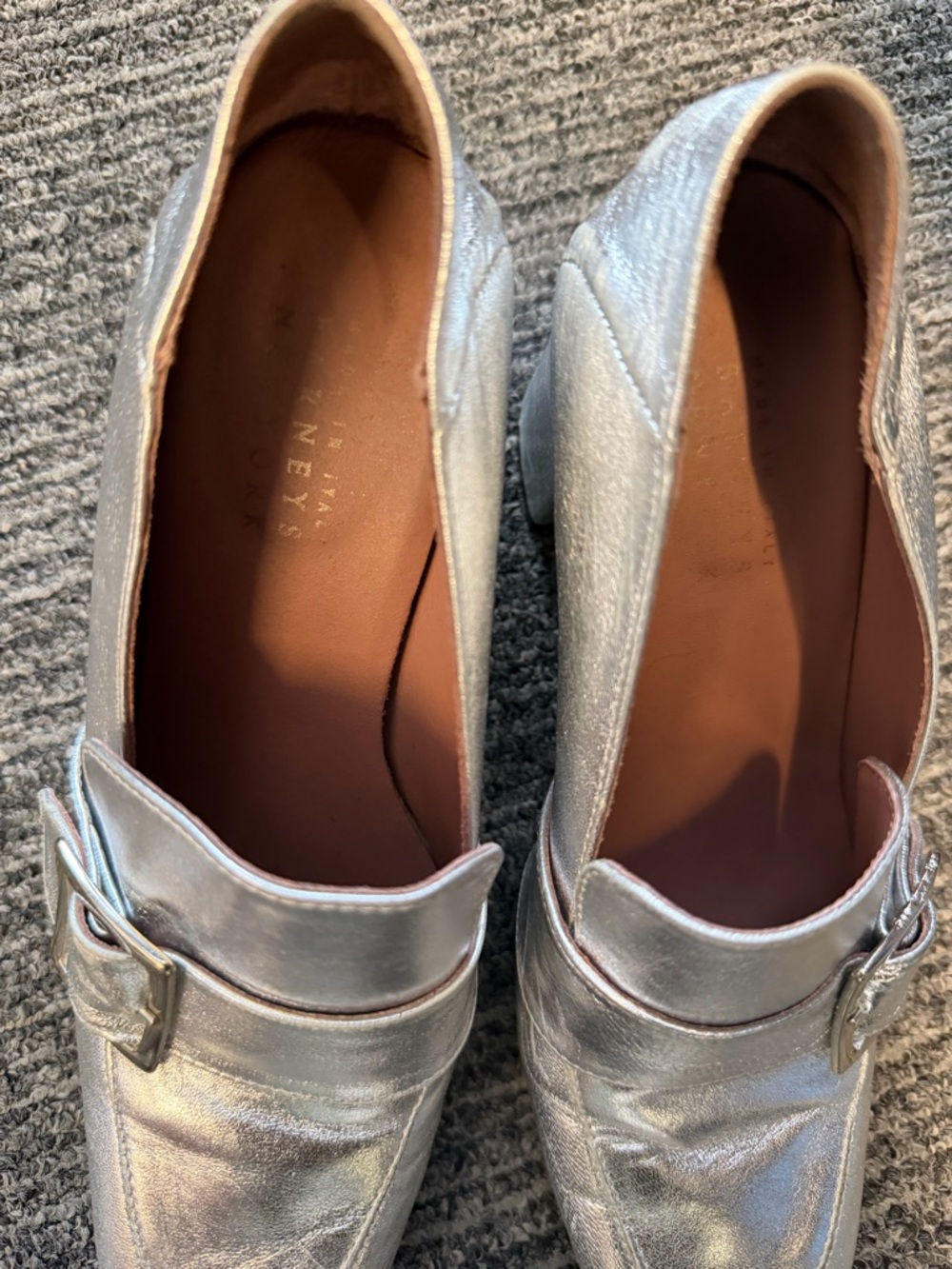 Barneys New York Metallic Silver Buckle Loafers